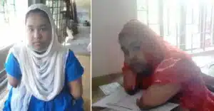 জন্ম থেকে নেই হাত-পা, মুখ দিয়ে লিখে এসএসসিতে জিপিএ-৫ পেল লিতুন জিরা।