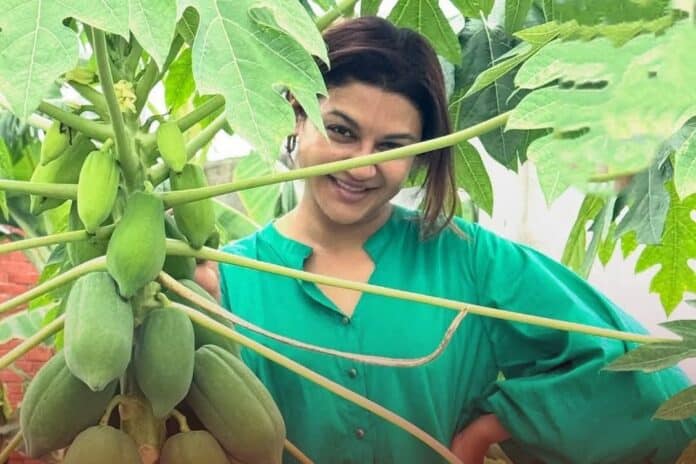 পেঁপে গাছের পাশে হাসিমুখে দাঁড়িয়ে আছেন অভিনেত্রী জয়া আহসান, তার বাগানে ফল ধরেছে।